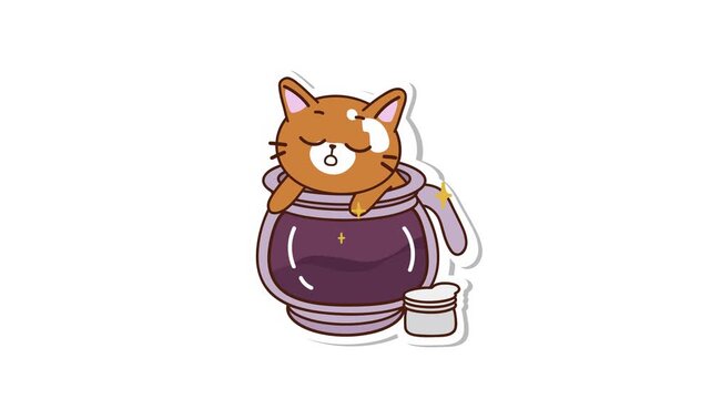 Cute animated cat in glass jar with purple liquid and sparkles sticker