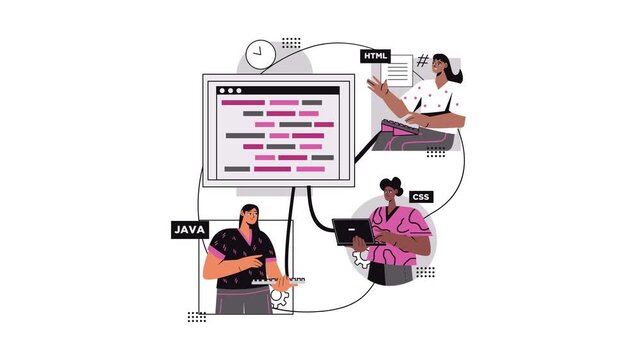 Web development animation with diverse women coding HTML CSS and Java