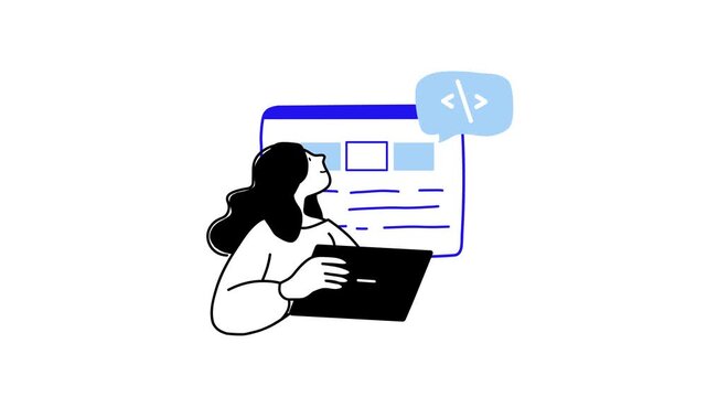 Female programmer with laptop and code window in minimal flat animation