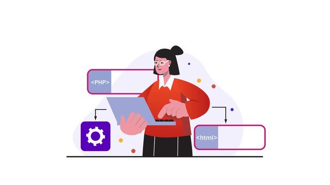 Animated female developer coding PHP and HTML with laptop and icons