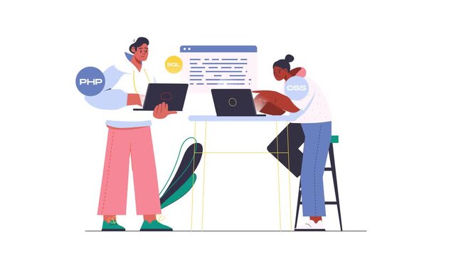 Two developers coding at laptops with PHP, SQL and CSS icons, animated
