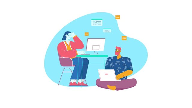 Animated web developers coding HTML, CSS and SQL in modern office