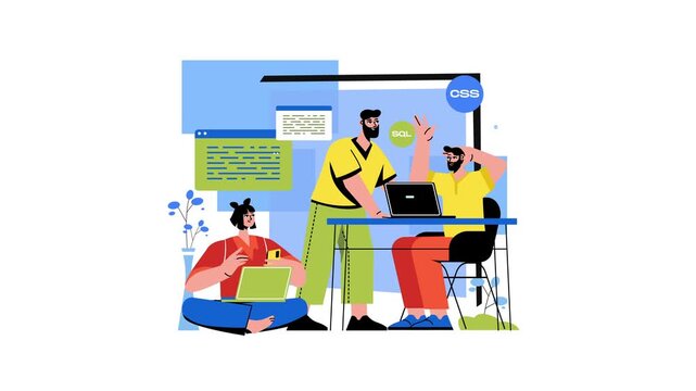 Animated web developers collaborating on coding project with CSS, PHP and SQL
