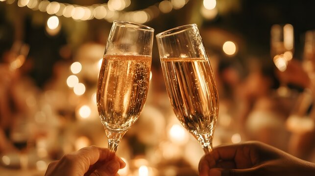 Two hands hold sparkling glasses, toasting with joy