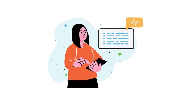Animated female programmer holding tablet beside code editor interface