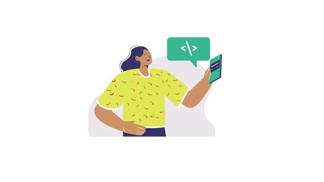 Flat vector animation of woman using smartphone for coding project