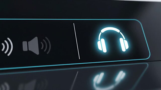 A close-up view of an illuminated headphones icon with audio levels, minimalist design concept evokes the feeling of music and immersive audio experiences. 