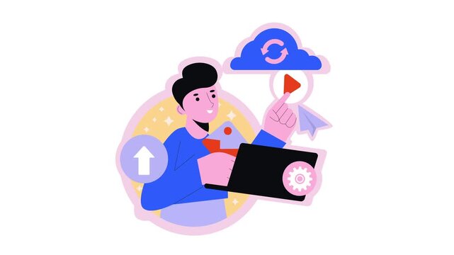 Animated person managing cloud sync and uploads on laptop interface