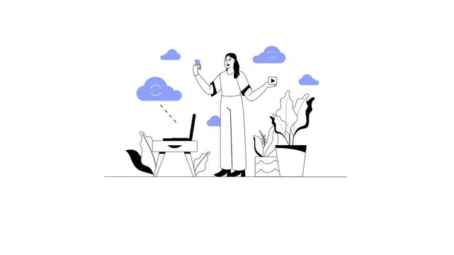 Cloud services animation with woman using devices and file transfer