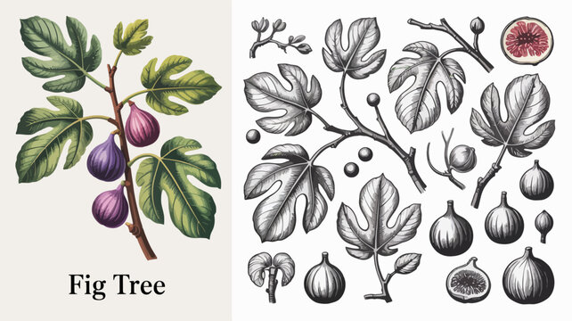 A vintage botanical illustration depicts various stages of fig tree growth showcasing leaves branches blossoms and ripe purple figs high quality professional detailed modern elegant stylish