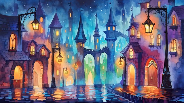 色彩豊かなランタンの街 夜のファンタジー都市風景イラスト