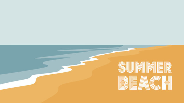 A serene coastal scene depicts a sandy beach meeting the ocean with the word summer boldly displayed in orange lettering high quality professional detailed modern elegant