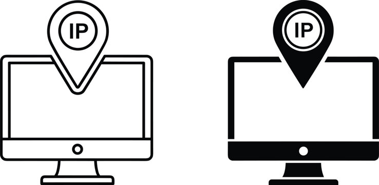 Outline and filled computer monitor icons with IP location pin symbols screen IP address