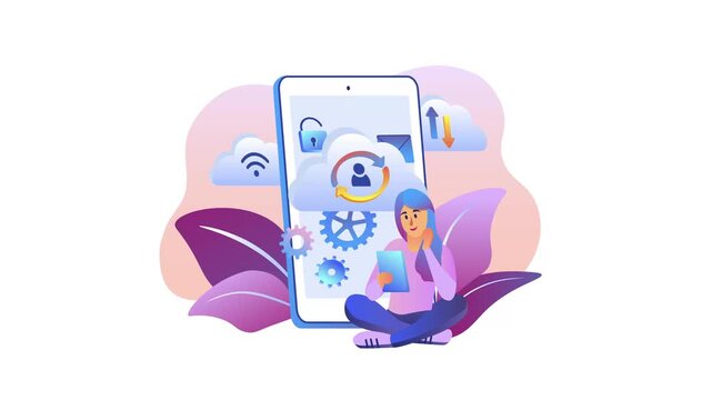 Animated cloud data security and file sync on smartphone with woman