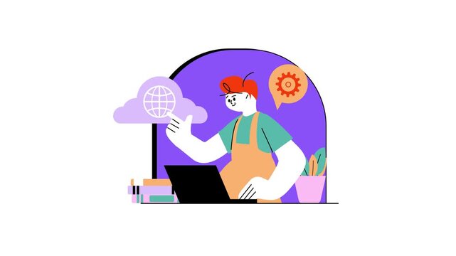 Flat animated illustration of woman freelancer managing digital workflow online