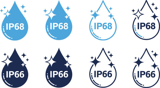 Set of I P68 and I P66 waterproof rating icons with water drops and stars IP68 IP66