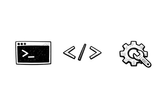 Coding tools for programming tasks on a computer screen, showcasing a command line interface with symbols and an editing icon