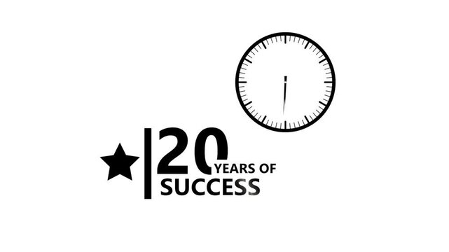 20 success minimal black typography with clock icon and star symbol on white background representing achievement milestone concept clean modern corporate design 4k visuals