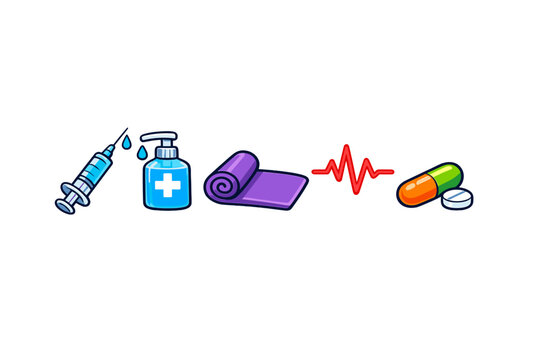 Medical items for health care and treatment in a simple design showing syringe, disinfectant, bandage, heartbeat, and medicine