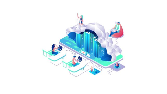 Animated isometric team analyzing big data on giant smartphone screen
