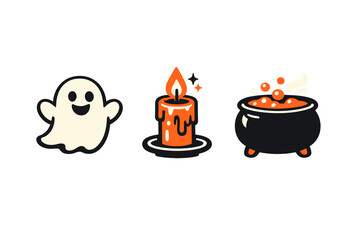 Happy ghost stands beside a lit candle and a bubbling cauldron during a Halloween gathering © Mark