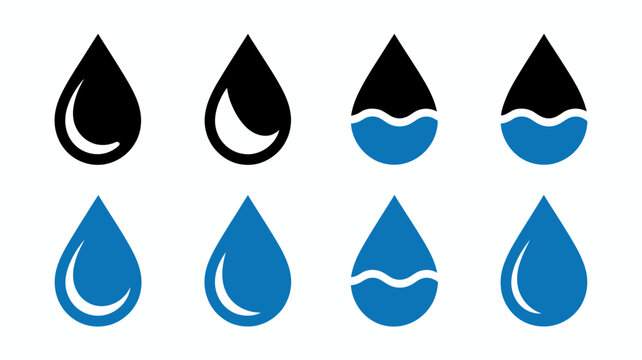 A collection of eight water droplet icons is displayed varying in shape and fullness with both black and blue variations high quality professional detailed modern elegant