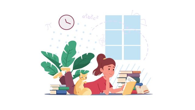 Animated girl reading book at home beside cat, books and window light