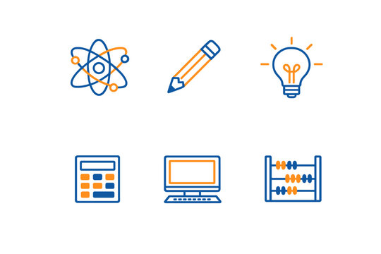 Icons of learning and education showing a variety of tools used in science and math for teaching and studying
