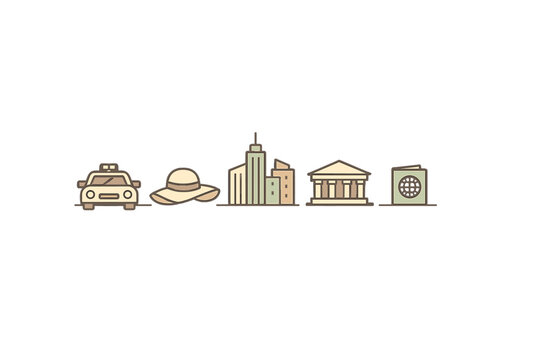 Travel scene with taxi, hat, city skyline, building, and passport elements at a tourist destination