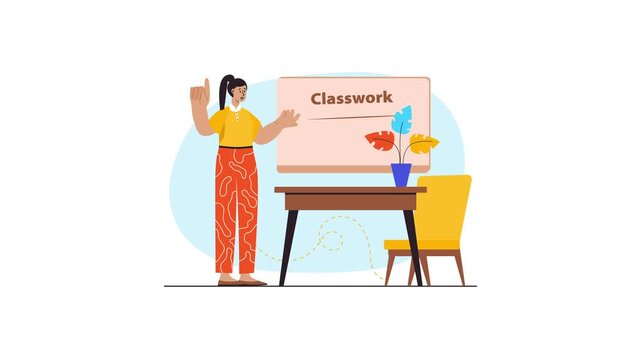 Animated female teacher presenting classwork in modern classroom