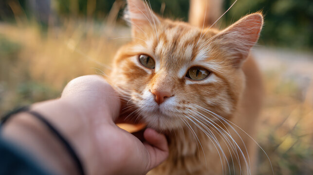 A Close Up Portrait of a Cute Orange Tabby Cat Being Gently Caressed by a Human Hand Outdoors