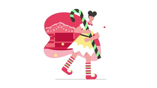Festive girl carrying giant candy cane in Christmas animation scene