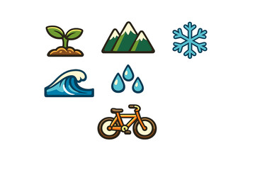 Nature symbols and activities display various outdoor themes with plants, mountains, snow, waves, raindrops, and a bicycle in a simple design © Mark
