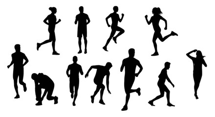 Fototapeta premium Silhouettes of people running and exercising in various poses