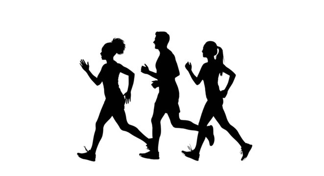 Three people running in unison