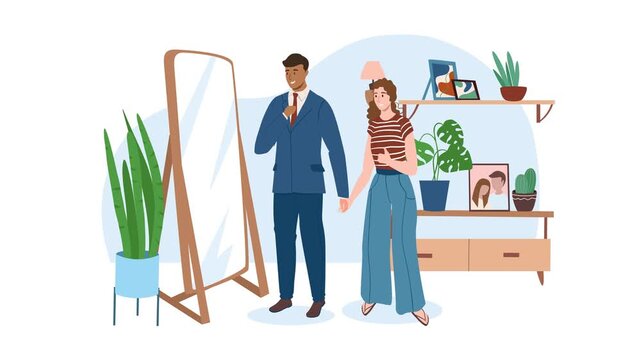 Animated couple standing in stylish apartment interior with mirror and plants