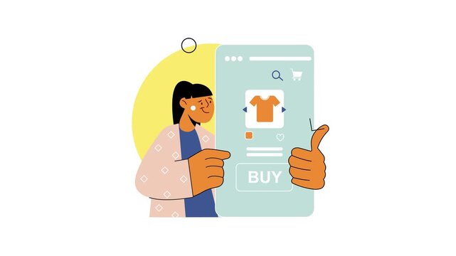 Animated woman browsing clothing in online shopping app with buy button