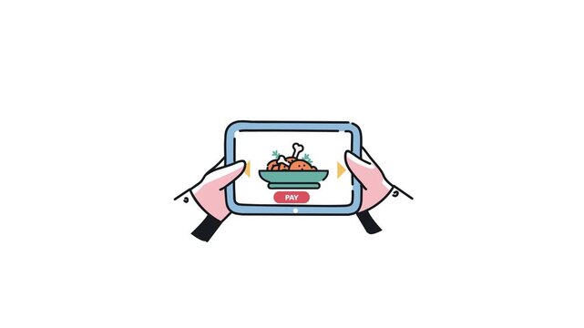Animated hands using tablet to order food online with pay button