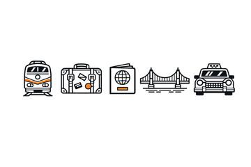 Fototapeta premium Travel icons showing journey elements including train, luggage, passport, bridge, and taxi for travel planning and exploration