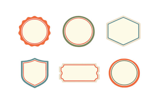 Design elements include multiple shapes like circles, hexagons, and shields placed in a row with empty spaces for text