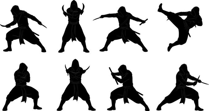 Silhouette collection of ninjas in martial arts combat poses, hooded warriors with weapons, stealth movement illustration, isolated vector design