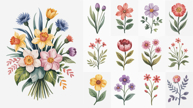 A watercolor illustration depicts an arrangement of various colorful flowers including daffodils roses and cornflowers with lush green foliage high quality professional detailed modern elegant stylish