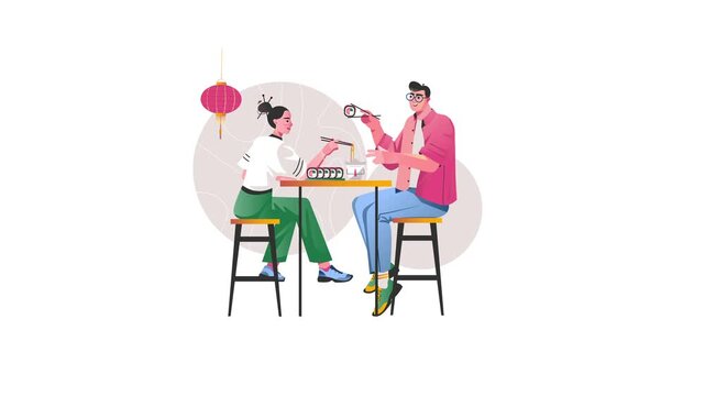 Young couple enjoying sushi dinner at Asian restaurant, animated illustration