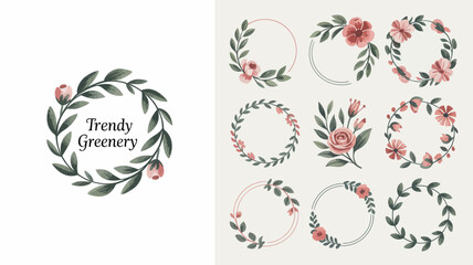 Fototapeta premium A collection of watercolor floral wreaths and botanical elements showcasing delicate pink blossoms and lush green foliage high quality professional detailed modern elegant stylish clean crisp