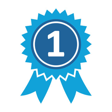 Blue award ribbon rosette icon with gold badge design for first place business achievement vector illustration
