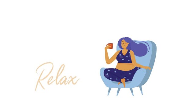 Animated woman relaxing in armchair with self-care quote on white