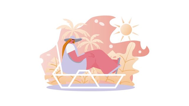 Woman relaxing on beach chair in tropical summer vacation animation