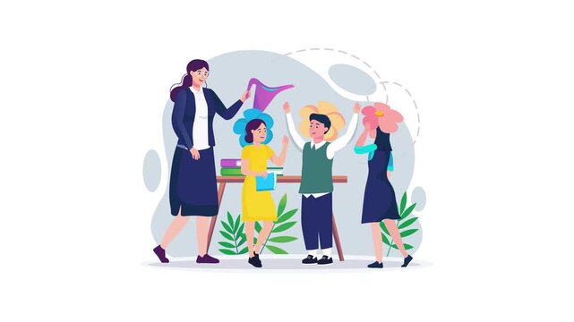 Friendly teacher with children in classroom learning, flat vector animation