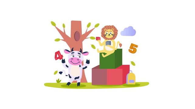Playful educational animation with lion and cow beside number blocks