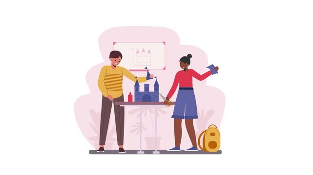 Animated children crafting a paper castle for a school project
